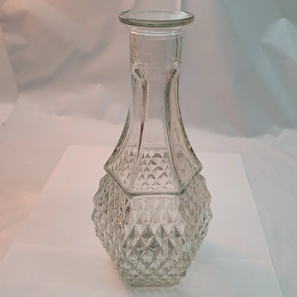 Vintage Glass‎ Decanter Vase Diamond Point Clear Hexagonal Base 9.5 Inch Carafe